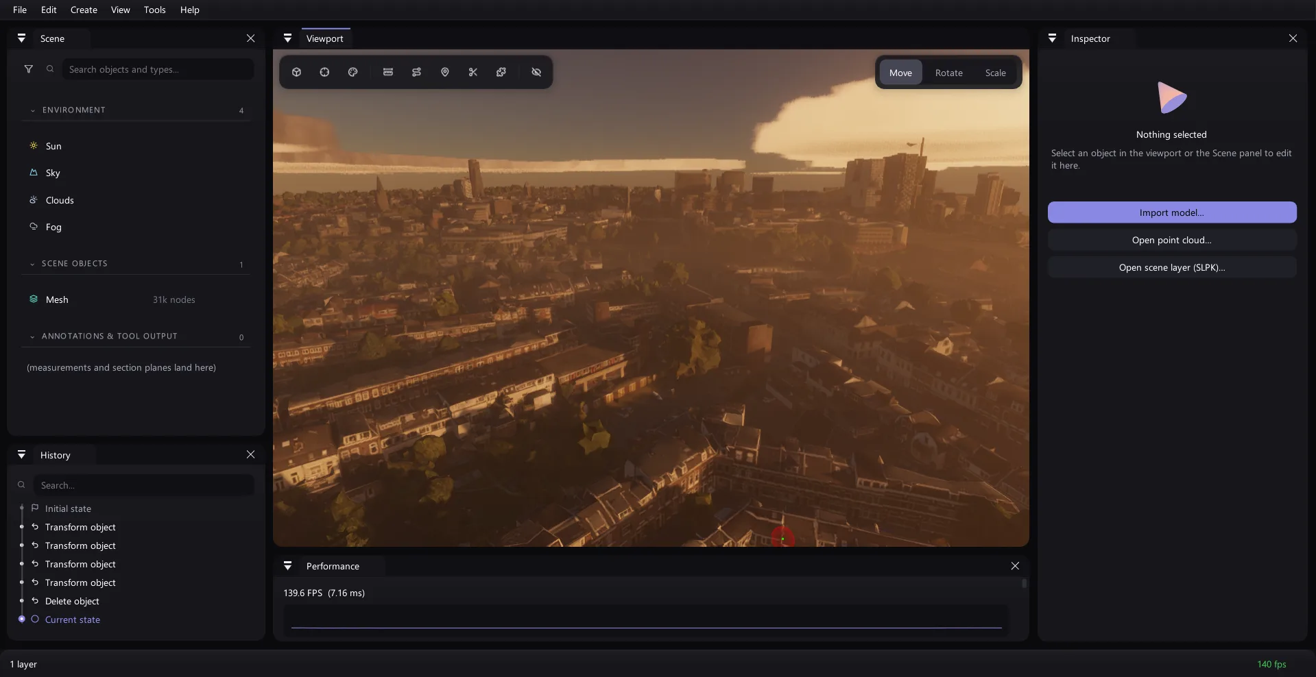 OmniBlick with a scanned building open: the Scene outliner on the left, the 3D viewport in the middle, the Inspector on the right.