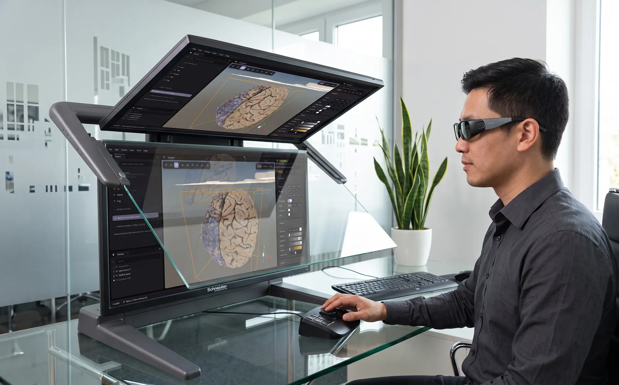 A stereoscopic workstation showing a scanned model on a 3D display.